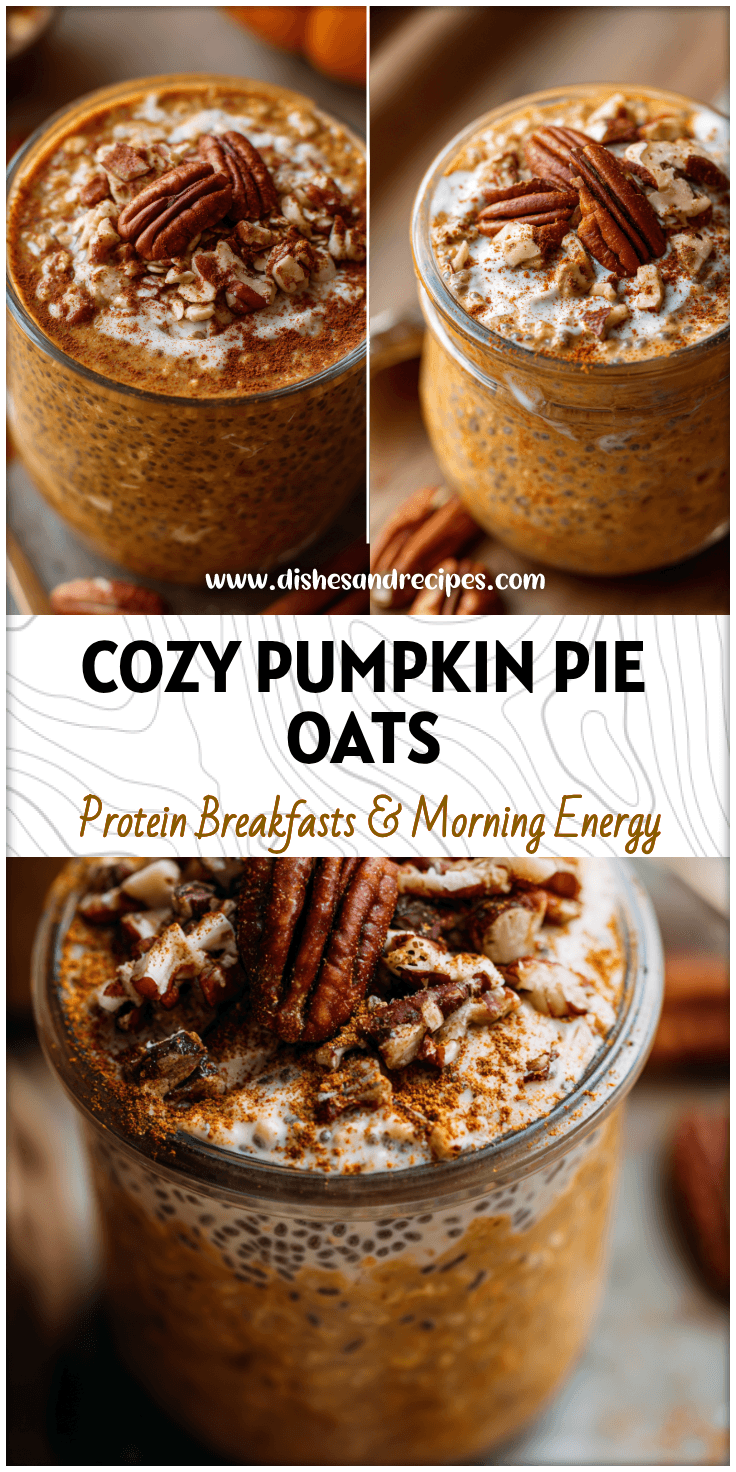 Jar of creamy Pumpkin Pie Overnight Oats topped with pecans and pumpkin spice, a cozy fall breakfast.