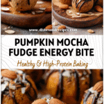 Pumpkin Protein Balls with Mocha Almond Fudge Flavor 5 Round pumpkin protein balls topped with drizzle of mocha almond fudge and crushed almonds on a rustic board.