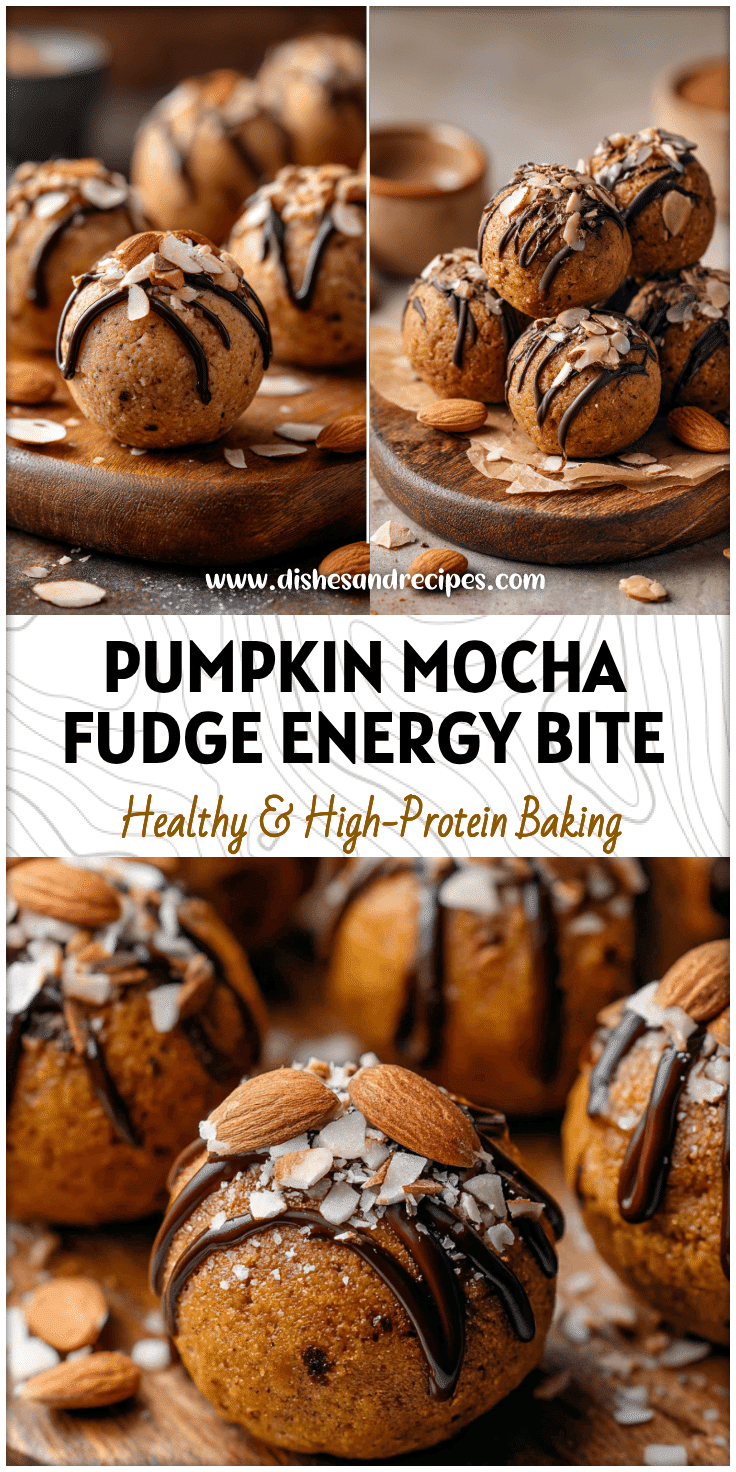 Round pumpkin protein balls topped with drizzle of mocha almond fudge and crushed almonds on a rustic board.