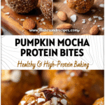 Close-up of pumpkin protein balls coated with mocha almond fudge and sprinkled almonds on a wooden surface