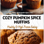 Pumpkin Spice Protein Muffins Made with Whole Wheat & Protein Powder 5 Freshly baked Whole Wheat Pumpkin Protein Muffins topped with pumpkin spice on a rustic kitchen counter.