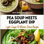 Creamy pea soup served with roasted eggplant dip topped with lemon herb and salad greens.