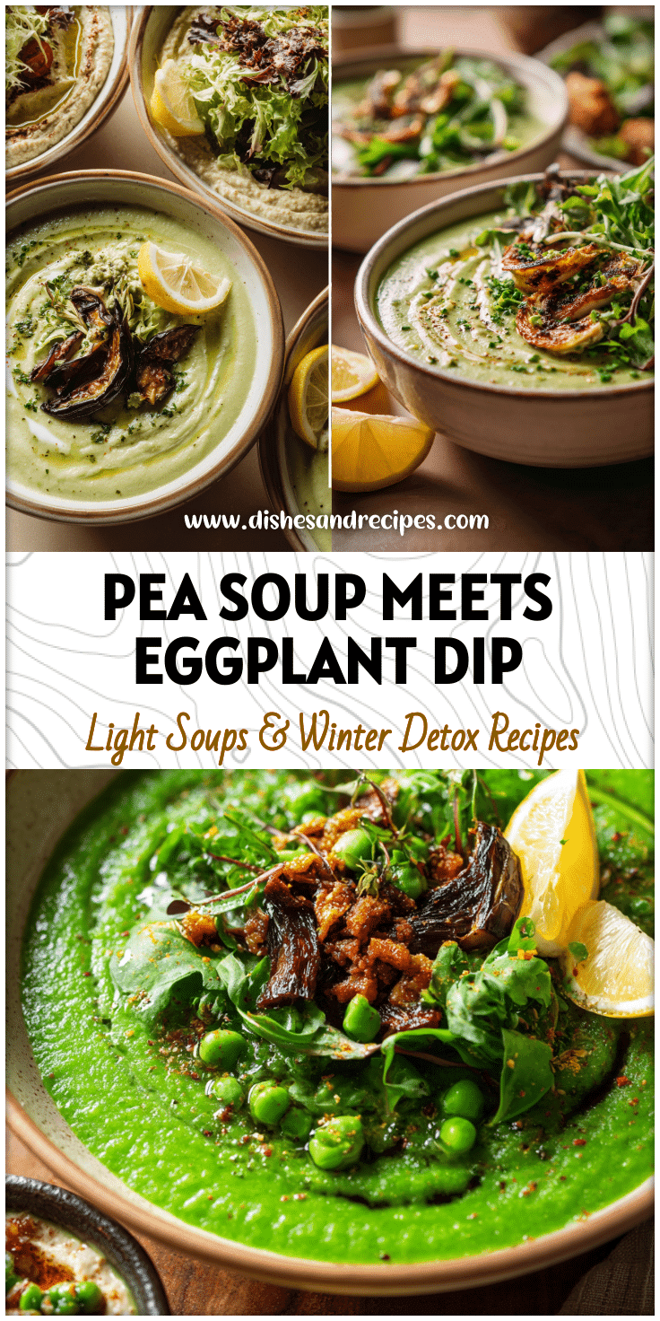 Creamy pea soup served with roasted eggplant dip topped with lemon herb and salad greens.