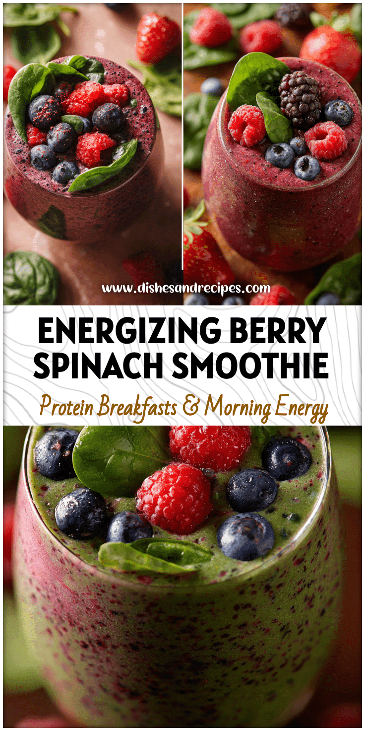 Colorful glass of Mixed Berry Green Smoothie topped with spinach leaves and berries for a fresh Spinach Fruit Smoothie look