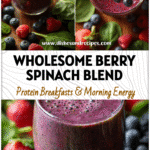 Refreshing Berry Spinach Smoothie for a Healthy Boost 5 A glass of vibrant Mixed Berry Green Smoothie with spinach and fruit surrounded by fresh berries and greens.