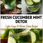 Glass of Cucumber Mint Lime Water showing a Sage Green Drink with fresh mint leaves and cucumber slices.