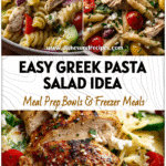 Vibrant Greek Chicken Pasta Salad topped with feta, tomatoes, and cucumbers for a healthy summer meal.