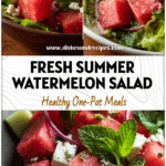 Bright bowl of Watermelon Lettuce Salad with feta, mint, and fresh Watermelon Toppings served for summer.