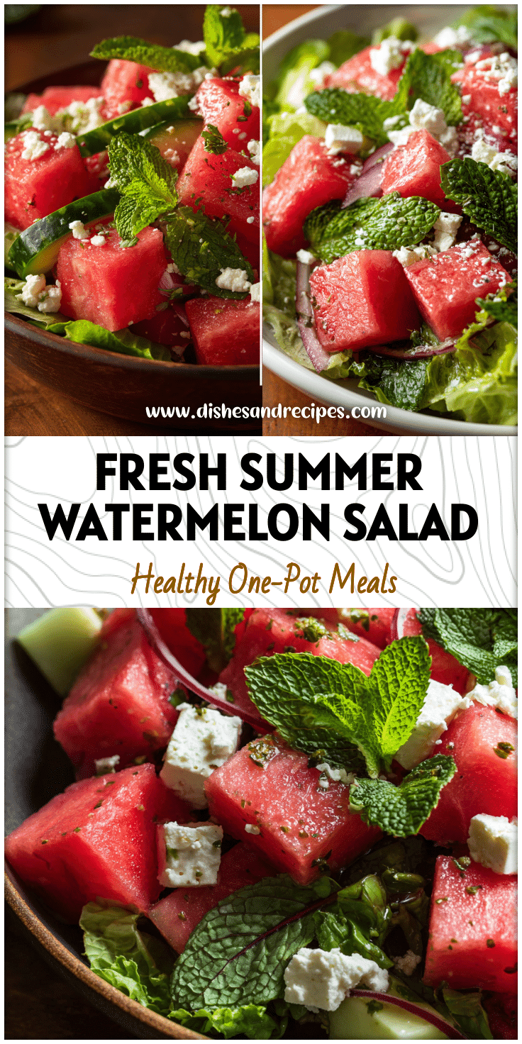 Bright bowl of Watermelon Lettuce Salad with feta, mint, and fresh Watermelon Toppings served for summer.