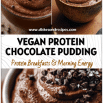Bowl of vegan chocolate chia pudding made with protein powder and sprinkled with cacao nibs.