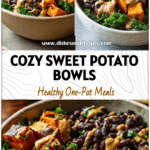 Colorful bowl of roasted sweet potato, black beans, and kale topped with peanut butter sauce.