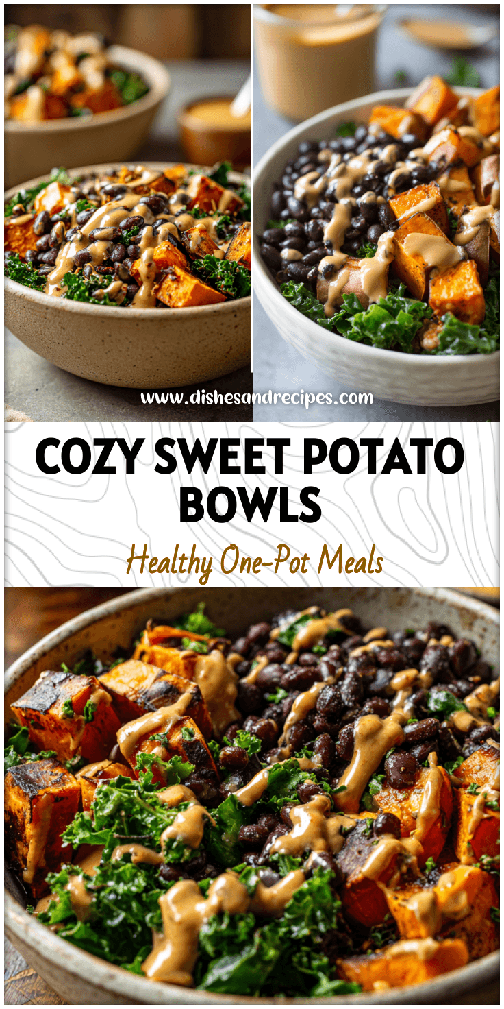 Colorful bowl of roasted sweet potato, black beans, and kale topped with peanut butter sauce.