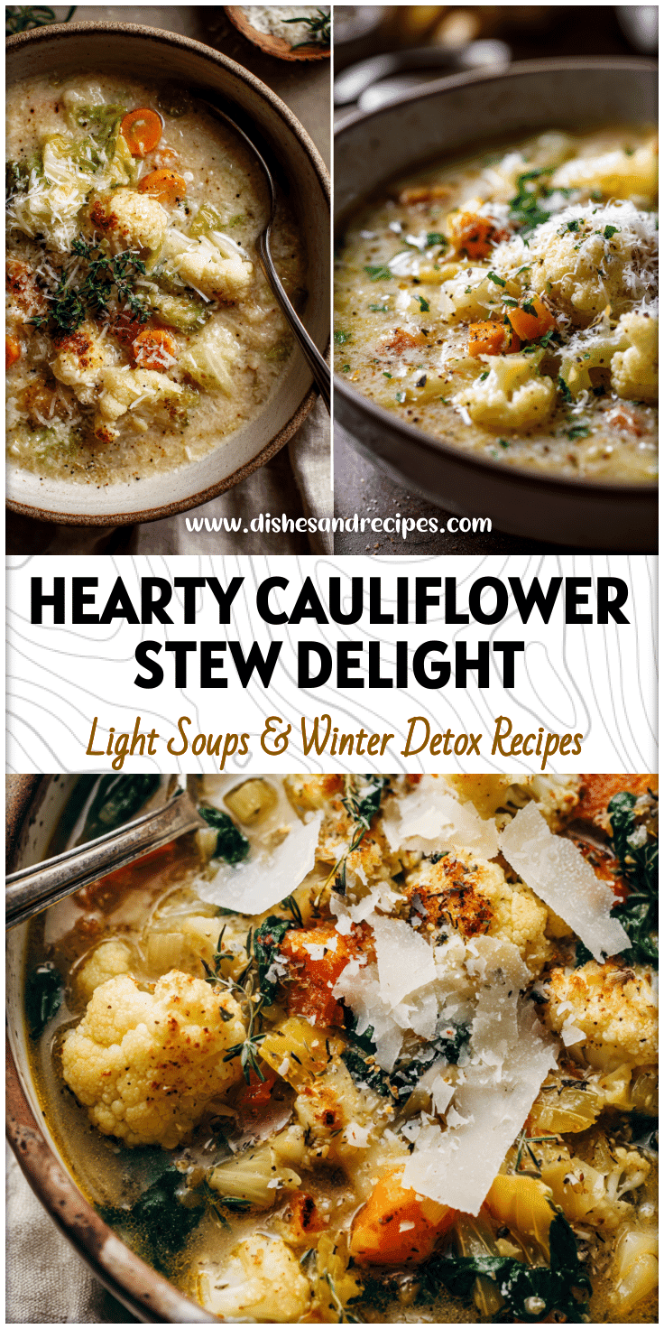 Rustic cauliflower stew with cabbage, carrots, and celery in a ceramic bowl topped with Parmesan shavings.