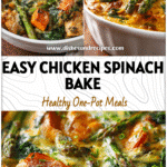 Savory Chicken, Spinach & Sweet Potato Bake Delight 5 Golden spinach and chicken sweet potato bake topped with asparagus sprigs in a white dish.