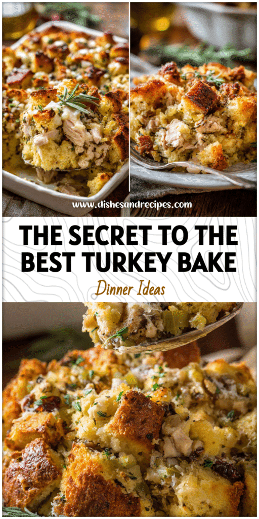 Home 29 Baked holiday leftover turkey casserole with golden stuffing topping and herbs on a rustic table