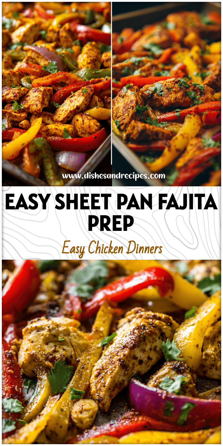 Colorful Loaded Fajitas with seasoned chicken and peppers on a baking sheet for Lean Easy Dinners and Meal Prep.