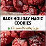 Close-up of red velvet cake mix cookies with crinkle tops sprinkled with powdered sugar.