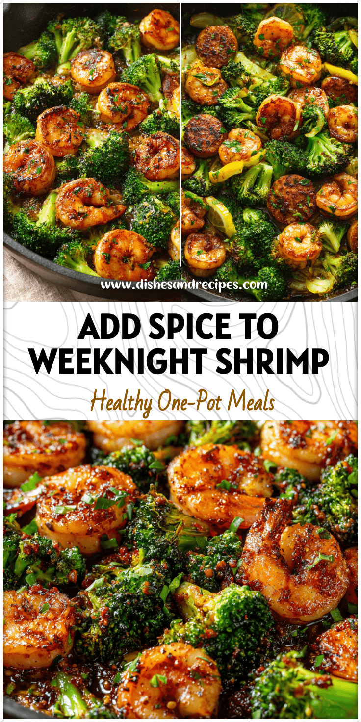 Colorful skillet of Spicy Shrimp And Broccoli in garlic lemon butter sauce with golden sear.