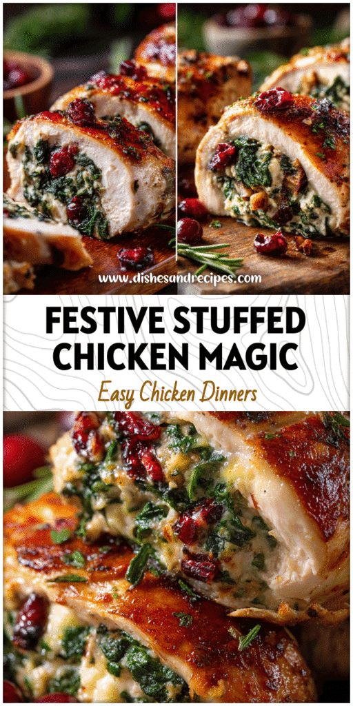 Home 32 Golden roasted cranberry stuffed chicken breasts with spinach and herbs on a festive Christmas dinner table