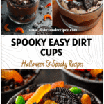 Spooky Halloween Dirt Cups for Easy Party Fun 5 Close-up of spooky Mini Dirt Cups with chocolate pudding, crushed cookies, and gummy worms for Dirt Dessert Halloween fun