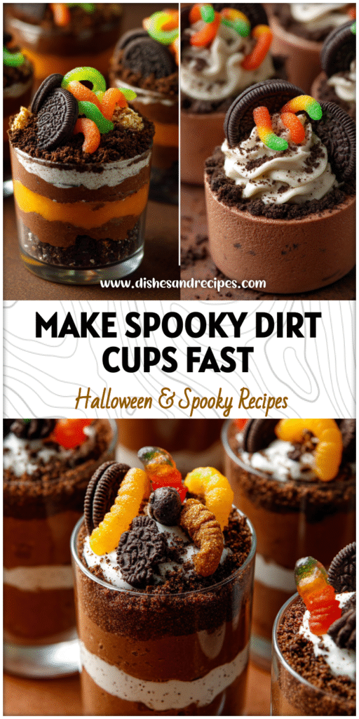 Mini Dirt Cups topped with crushed cookies and gummy worms for a spooky Dirt Dessert Halloween treat.
