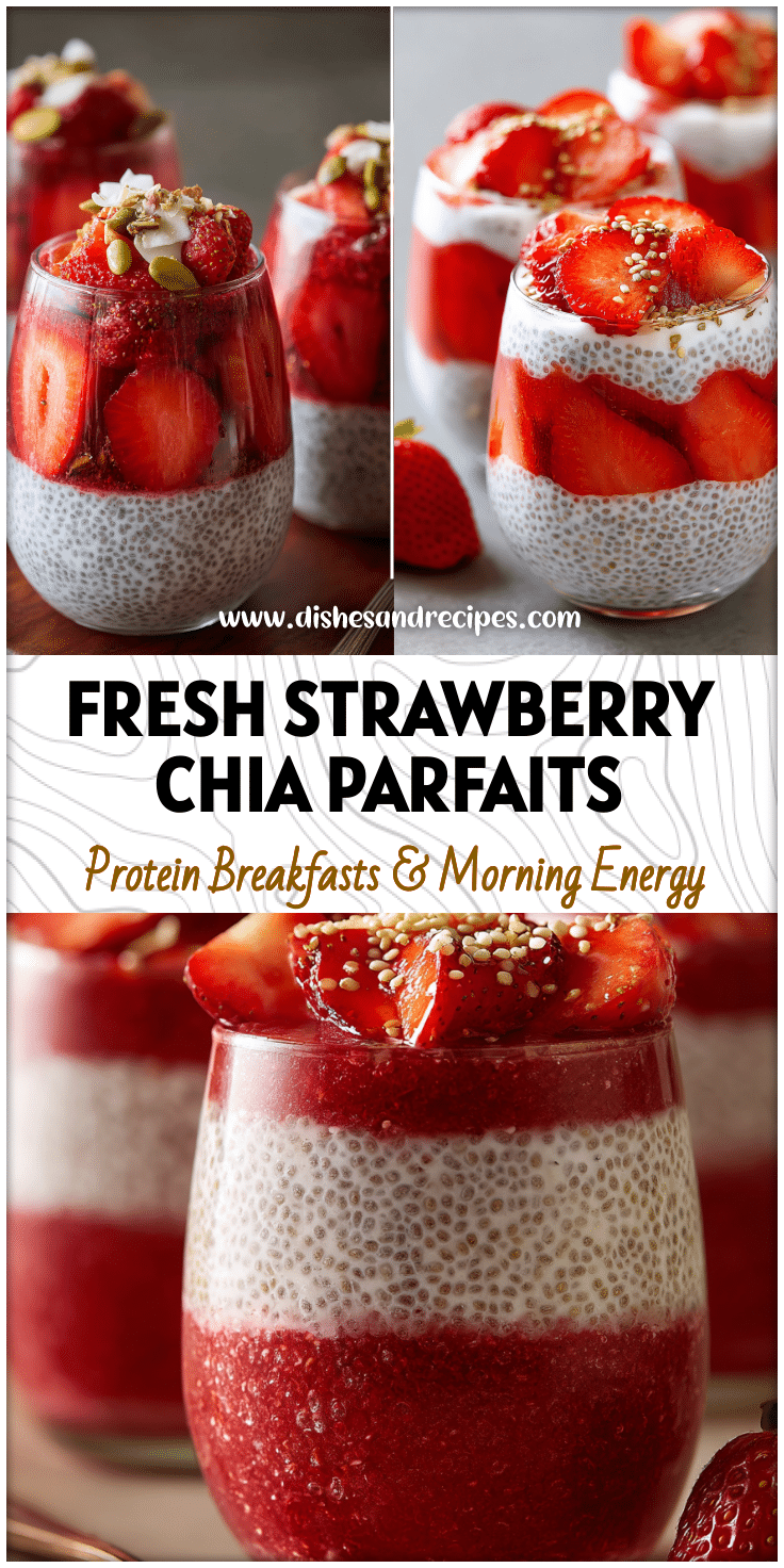 Glass cups filled with layered Strawberry Chia Pudding topped with fruit and seeds for a bright breakfast pudding.