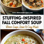 Stuffing-Inspired Turkey & Rice Soup for Fall Gatherings 5 Creamy turkey and rice soup with stuffing-inspired herbs and carrots in a cozy fall kitchen setting.