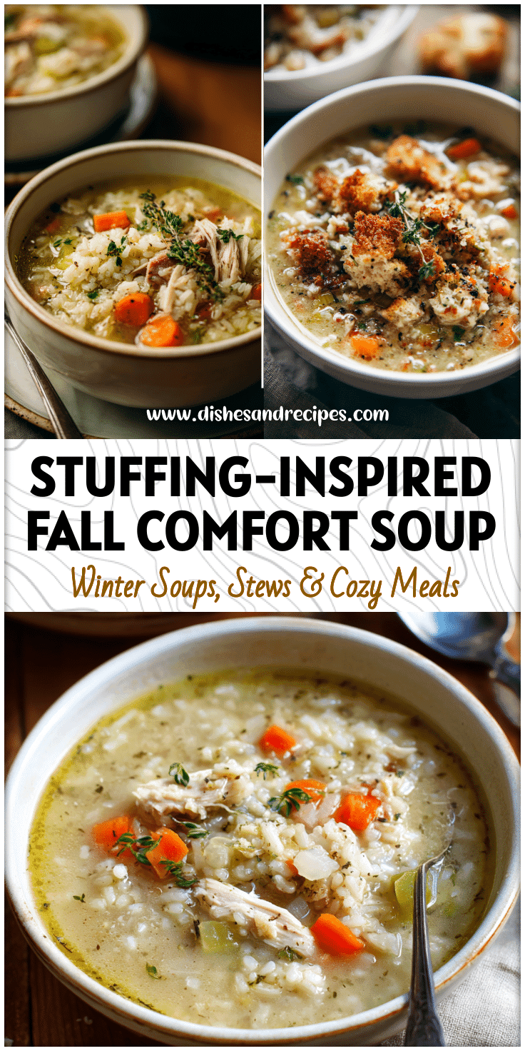 Creamy turkey and rice soup with stuffing-inspired herbs and carrots in a cozy fall kitchen setting.