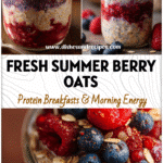 Glass jar filled with layered Mixed Berry Overnight Oatmeal topped with fresh berries and oats.