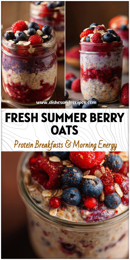 Glass jar filled with layered Mixed Berry Overnight Oatmeal topped with fresh berries and oats.