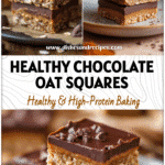 A plate of chocolate peanut butter oat squares showing soft layers of rich healthy goodness.