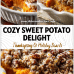Golden sweet potato casserole topped with crunchy pecans and buttery strussel crust served in a white dish.