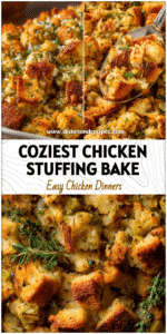 Golden Oven Chicken And Stuffing casserole baked with tender chicken and crispy seasoned topping