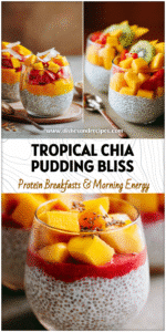 Home 3 Layered Tropical Chia Pudding with coconut milk, fresh mango, and chia seeds in glass cups.