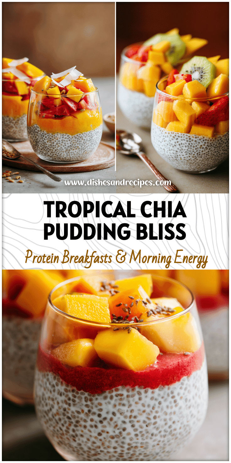 Layered Tropical Chia Pudding with coconut milk, fresh mango, and chia seeds in glass cups.