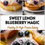 Glazed baked lemon blueberry donuts with coconut flakes on top, styled on a white plate.