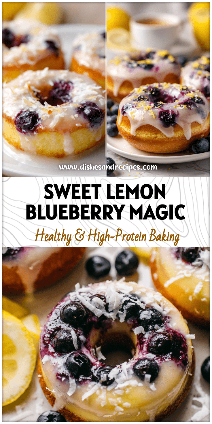 Glazed baked lemon blueberry donuts with coconut flakes on top, styled on a white plate.