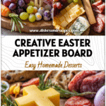 Easter cross-themed charcuterie board featuring assorted cheeses, meats, and colorful spring fruits.