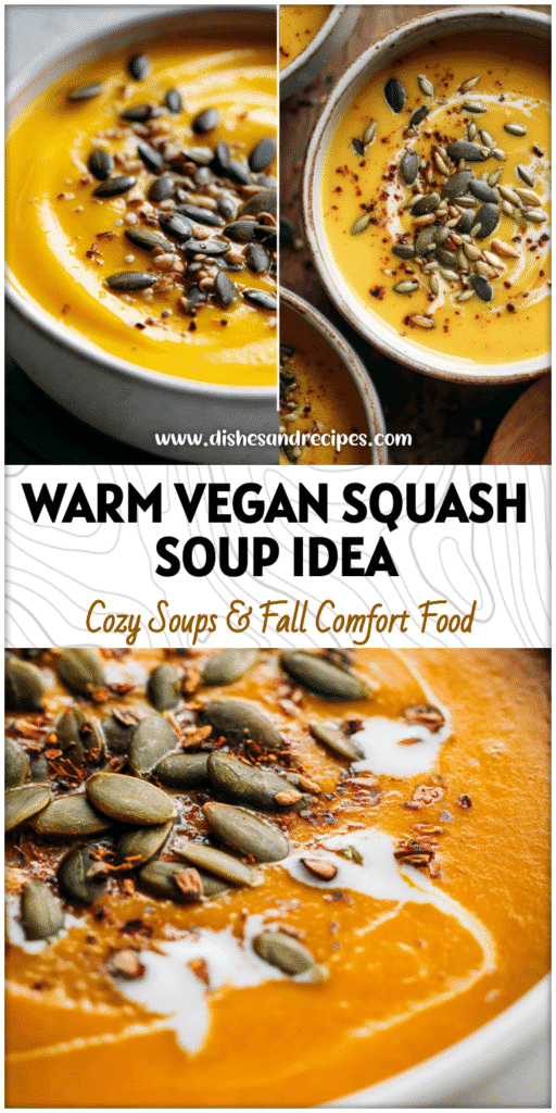 Golden vegan coconut curry butternut squash soup served in a white bowl with toasted seeds.