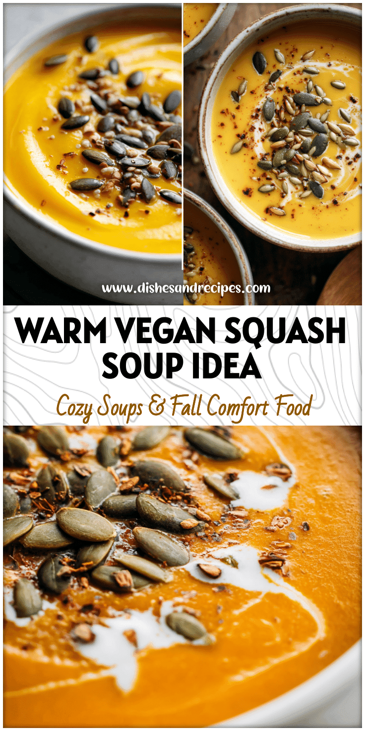 Golden vegan coconut curry butternut squash soup served in a white bowl with toasted seeds.