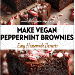 Vegan peppermint brownies cut into squares with candy cane sprinkles for a Christmas dessert.