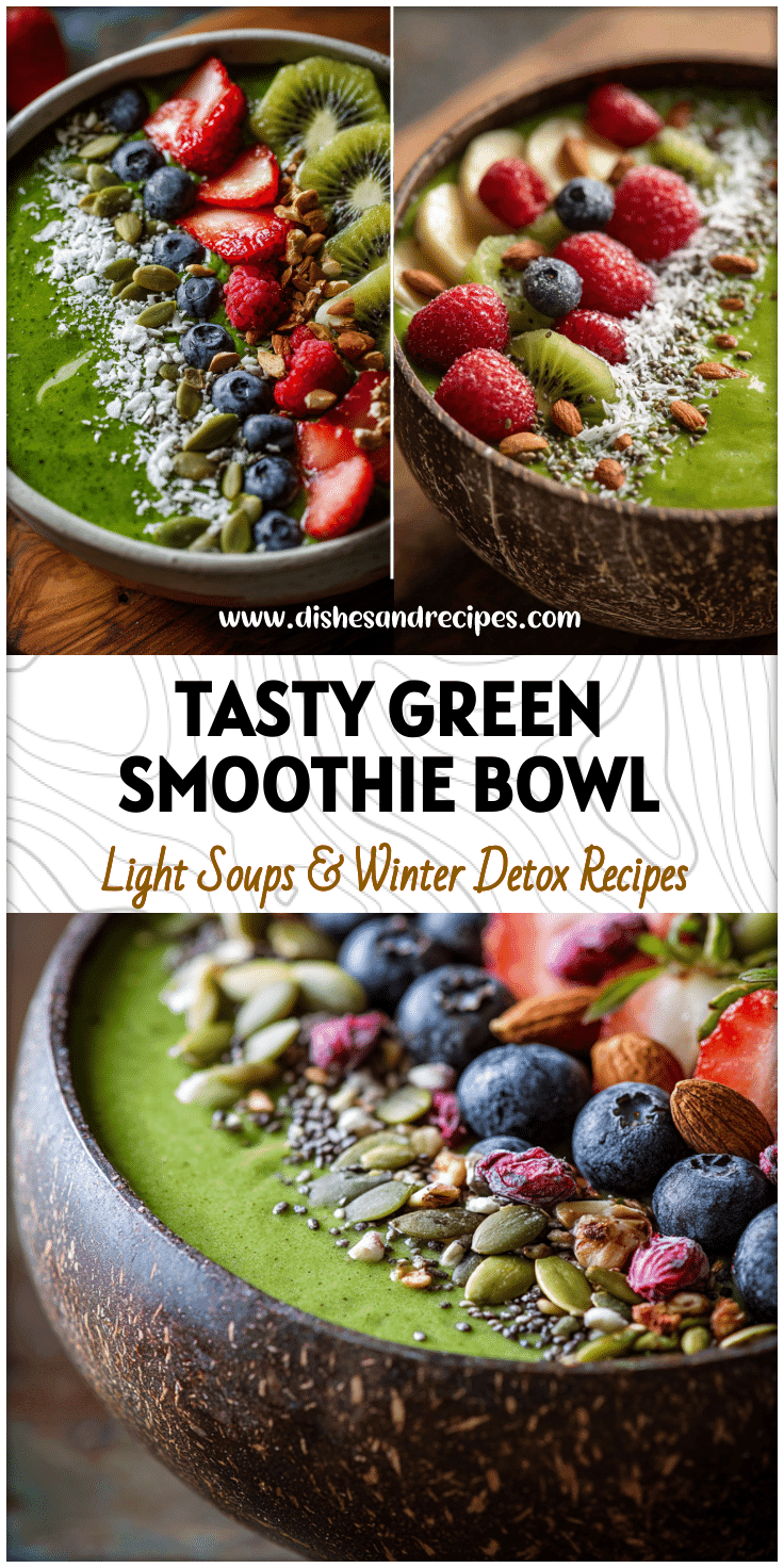 Bright green detox smoothie bowl topped with fruit and seeds showcasing Green Smoothie Diet Recipes and Healthy Green Smoothie Ideas