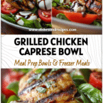 Plate of Balsamic Grilled Chicken Salad with Caprese-inspired layers of tomato, basil, and mozzarella.