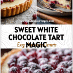 A festive White Chocolate Cranberry Tart topped with sugared cranberries on a holiday table setting.