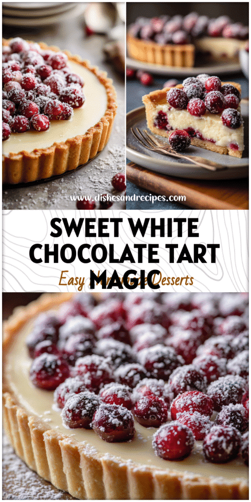 A festive White Chocolate Cranberry Tart topped with sugared cranberries on a holiday table setting.
