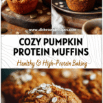 Whole Wheat Pumpkin Spice Protein Muffins for a Cozy Fall Breakfast 5 Golden Whole Wheat Pumpkin Protein Muffins topped with oats on a rustic fall kitchen table.