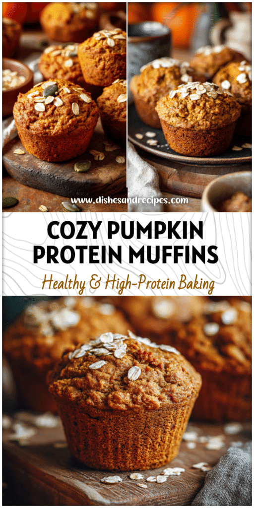 Golden Whole Wheat Pumpkin Protein Muffins topped with oats on a rustic fall kitchen table.