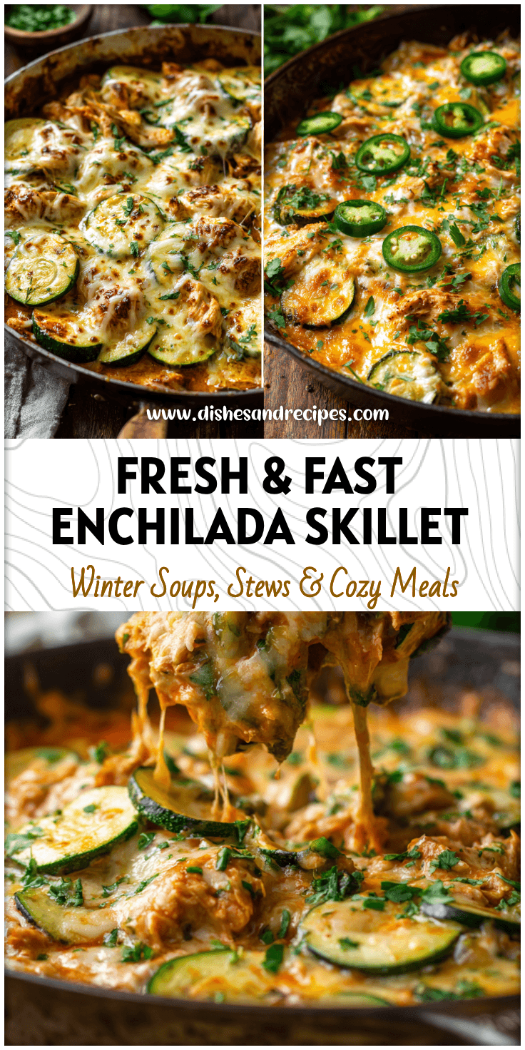 Zucchini chicken enchilada skillet made with rotisserie chicken and melted cheese in a rustic skillet.