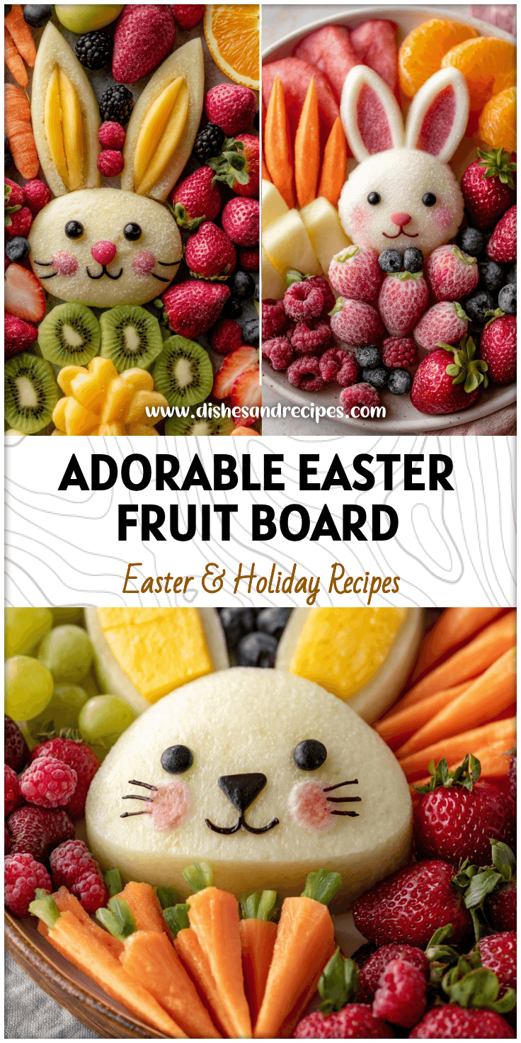 Colorful Easter Bunny Fruit Board with strawberries, melon, berries, and shaped Easter Fruit on a festive platter.
