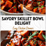 Skillet filled with BBQ chicken, roasted sweet potatoes, and fresh herbs served as a barbecue chicken bowl.